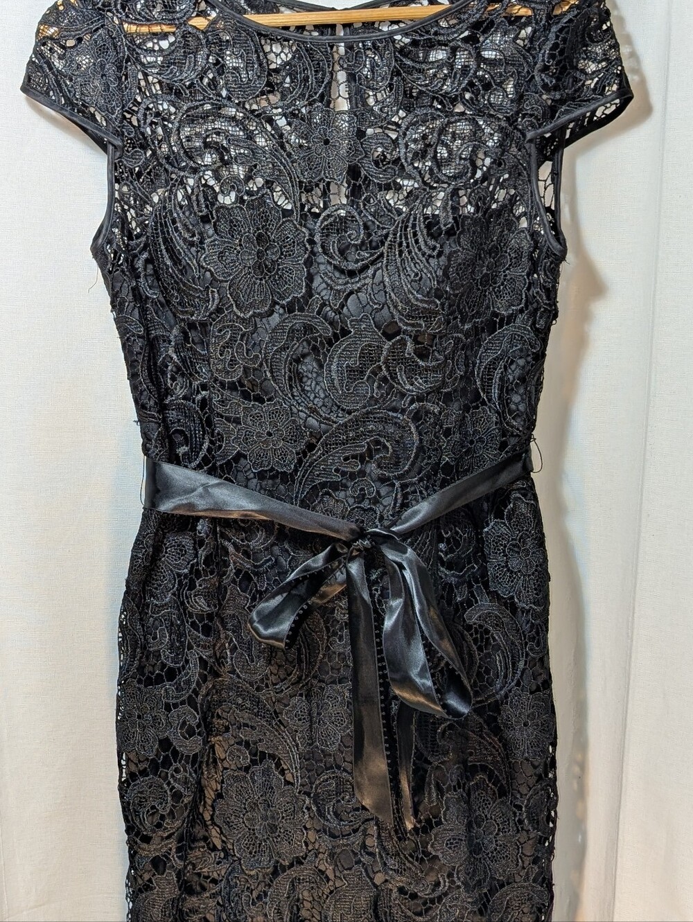 Adrianna Papell Black Lace Midi Dress with Satin Waist Tie